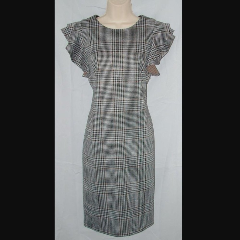 LIKE NEW Glen Plaid Sz 6 Church Office Flutter Sleeve Soft Stretchy Dress